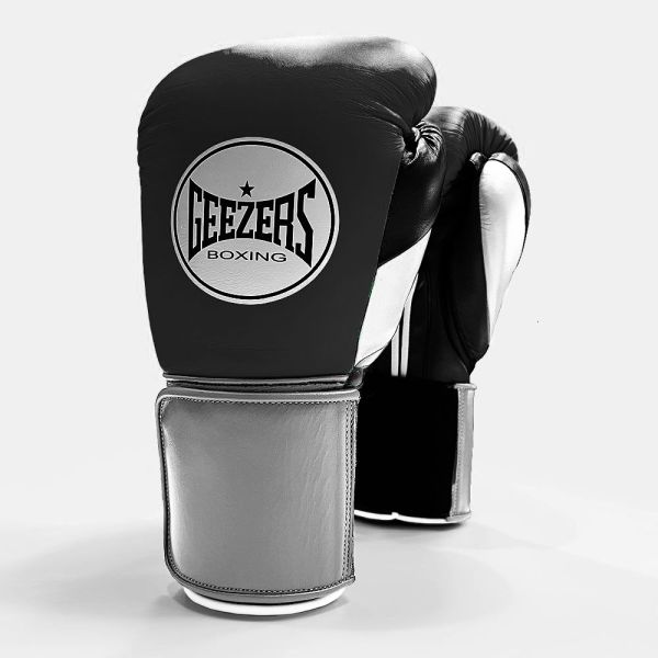 Geezers Halo Training/Sparring Boxing Gloves - Velcro Black, White & Silver